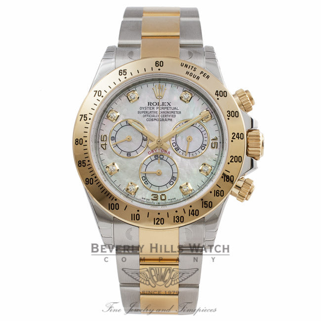 Rolex Daytona Two Tone White Diamond Mother of Pearl Yellow Mother of Pearl Subdials 116523 EJY8XJ - Beverly Hills Watch Company Watch Store