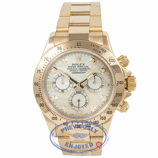 Rolex Daytona Yellow Gold Oyster Bracelet Mother of Pearl Diamond Dial 40mm Automatic Chronograph Watch 116528 Beverly Hills Watch Company Watch Store