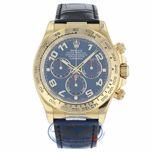Rolex Daytona 40mm Yellow Gold Blue Dial Alligator Strap Watch 116518 HEP73Z