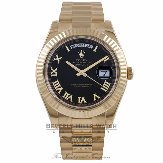Rolex Day-Date II President 18K Yellow Gold 41MM Fluted Bezel Black Dial 218238 LCEX2X - Beverly Hills Watch Company Watch Store