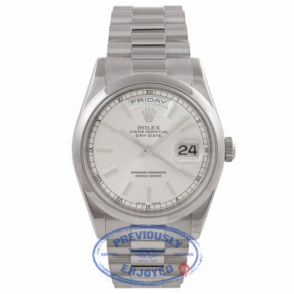 Rolex Platinum President Day Date 36mm Silver Dial Index Markings Domed Bezel 118206 JNNVEJ - Beverly Hills Watch Company Watch Store