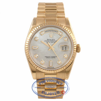 Rolex Day-Date Oyster 36mm 18k Yellow Gold Fluted Bezel White Mother of Pearl Diamond Dial 118208 0Y0FH