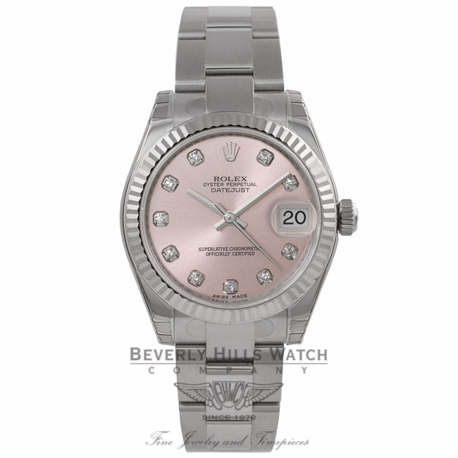 Rolex Datejust 31MM Stainless Steel 18k White Gold Fluted Bezel Pink Diamond Dial 178274 ATHQZH - Beverly Hills Watch Company Watch Store
