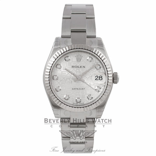 Rolex Datejust 31mm Stainless Steel Oyster Bracelet Jubilee Diamond Dial White Gold Fluted Bezel Watch 178274 Beverly Hills Watch Company Watches Watch Store