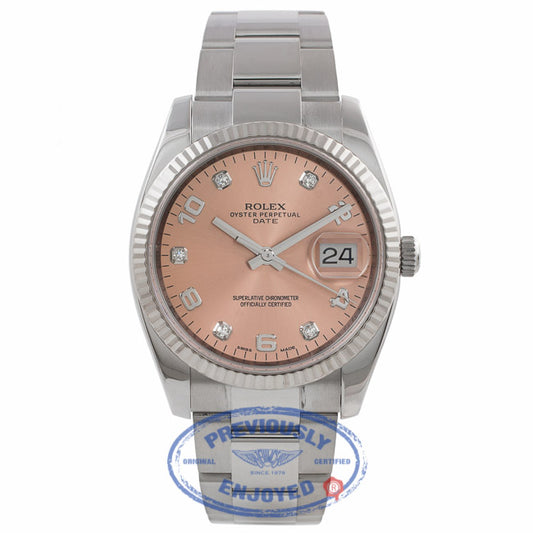 Rolex Datejust 34MM Stainless Steel 18k White Gold Fluted Bezel Pink Diamond Dial 115234 H154W3 - Beverly Hills Watch Company Watch Store