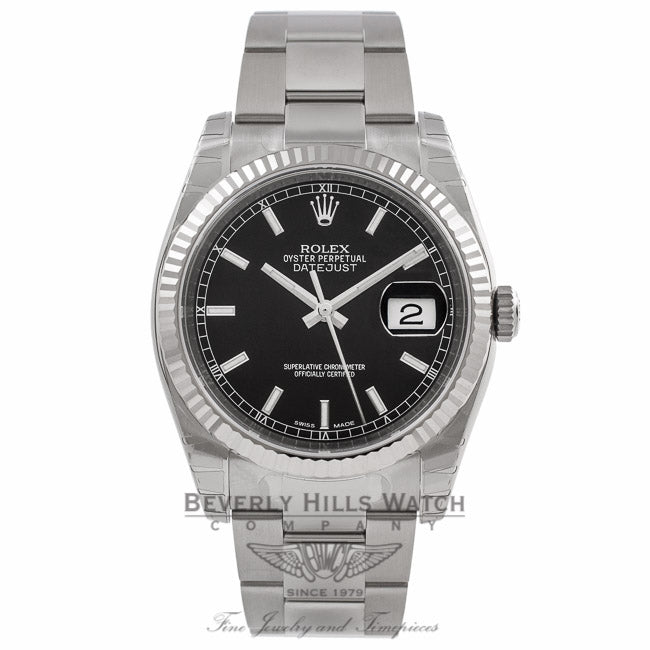 Rolex Datejust 36mm White Gold Fluted Bezel Black Dial Watch 116234 RENVUK - Beverly Hills Watch Company Watch Store