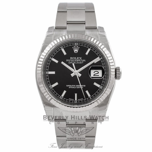 Rolex Datejust 36mm White Gold Fluted Bezel Black Dial Watch 116234 RENVUK - Beverly Hills Watch Company Watch Store