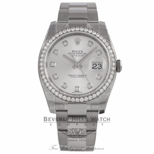 Rolex Datejust 36MM 18k White Gold Diamond Bezel Silver Diamond Dial 116244 C5P3X1 - Beverly Hills Watch Company Watch Store
