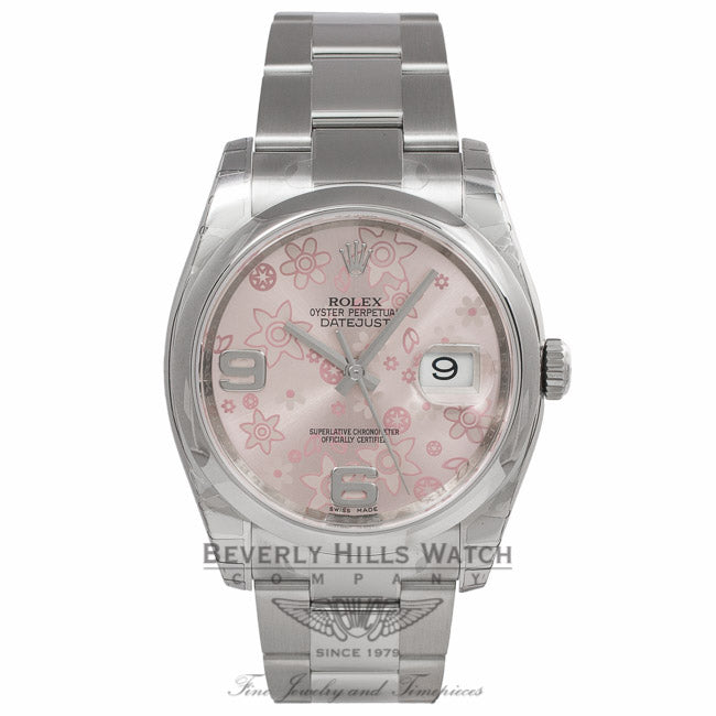 Rolex Datejust 36MM Stainless Steel Domed Bezel Pink Floral Dial 116200 276ZWU - Beverly Hills Watch Company Watch Store
