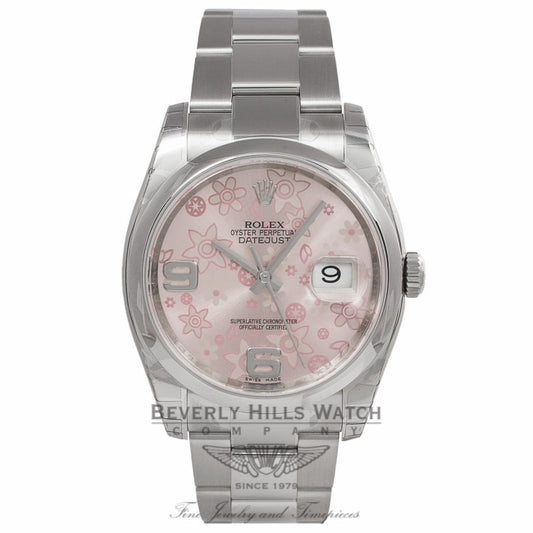 Rolex Datejust 36MM Stainless Steel Domed Bezel Pink Floral Dial 116200 276ZWU - Beverly Hills Watch Company Watch Store