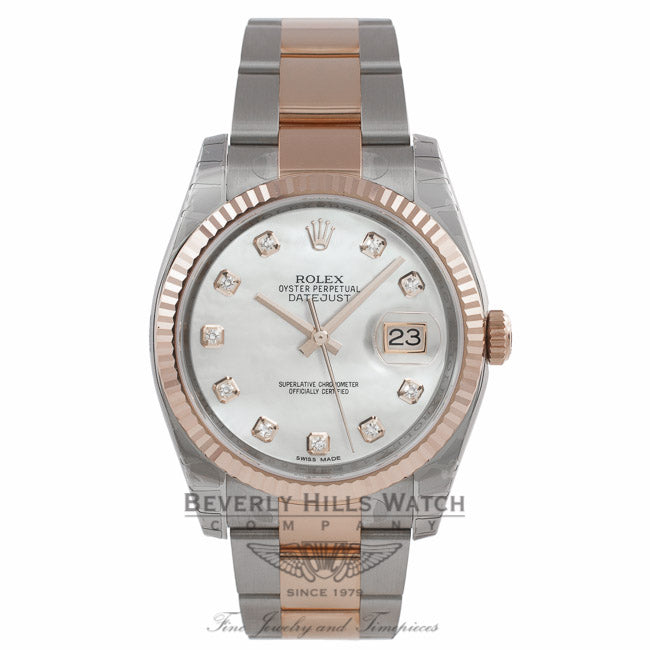 Rolex Datejust 36mm Stainless Steel and Rose Gold Jubilee Bracelet White Mother of Pearl Diamond Dial Fluted Bezel 116231 - JV9PA7 - Beverly Hills Watch Company Watch Store