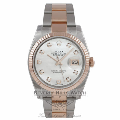 Rolex Datejust 36mm Stainless Steel and Rose Gold Jubilee Bracelet White Mother of Pearl Diamond Dial Fluted Bezel 116231 - JV9PA7 - Beverly Hills Watch Company Watch Store