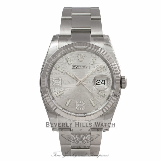 Rolex Datejust 36MM Stainless Steel 18k White Gold Fluted Bezel Silver Wave Jubilee Dial 116234 4FKTH8 - Beverly Hills Watch Company Watch Store