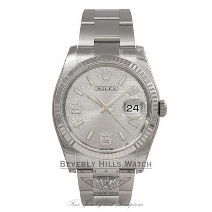 Rolex Datejust 36MM Stainless Steel 18k White Gold Fluted Bezel Silver Wave Jubilee Dial 116234 4FKTH8 - Beverly Hills Watch Company Watch Store