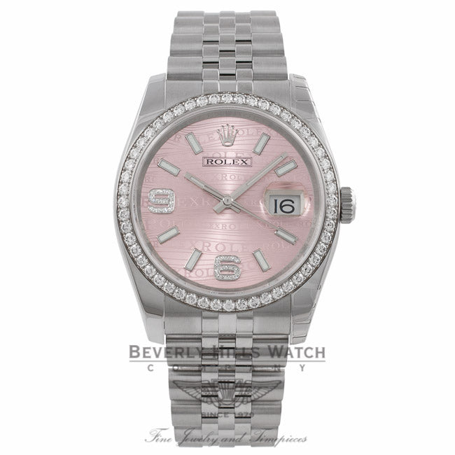 Rolex Datejust 36mm Stainless Steel Pink Wave Diamond Dial Diamond Bezel 116244 Y8T803 - Beverly Hills Watch Company Watch Store