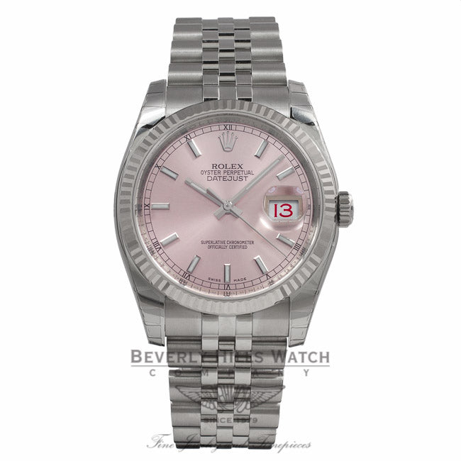 Rolex DateJust Pink Stick Dial White Gold Fluted Bezel 116234 3WL5UQ - Beverly Hills Watch Store
