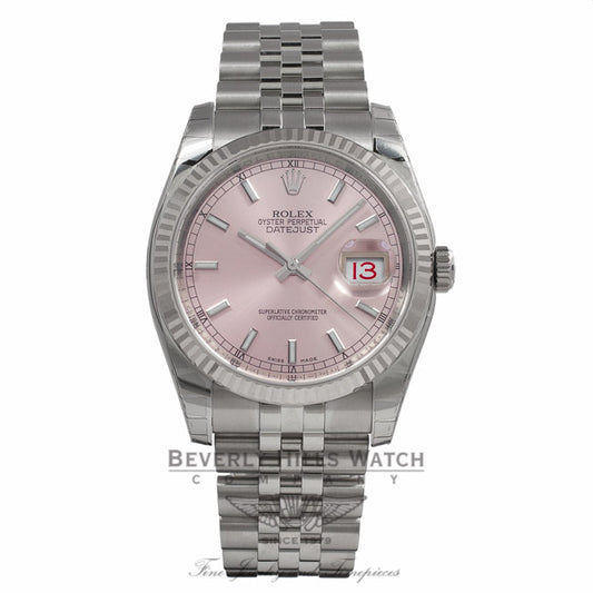 Rolex DateJust Pink Stick Dial White Gold Fluted Bezel 116234 3WL5UQ - Beverly Hills Watch Store