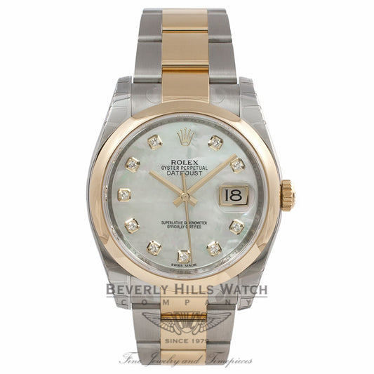 Rolex Datejust 36MM 18k Yellow Gold Stainless Steel Domed Bezel Mother of Pearl Diamond Dial 116203 XZR1N8 - Beverly Hills Watch Company Watch Store
