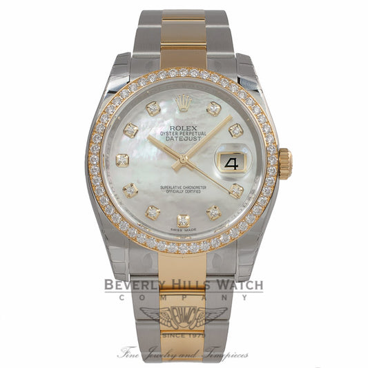 Rolex Datejust 36MM Yellow Gold Stainless Steel Diamond Bezel Mother of Pearl Diamond Dial 116243 N0D10C - Beverly Hills Watch Store