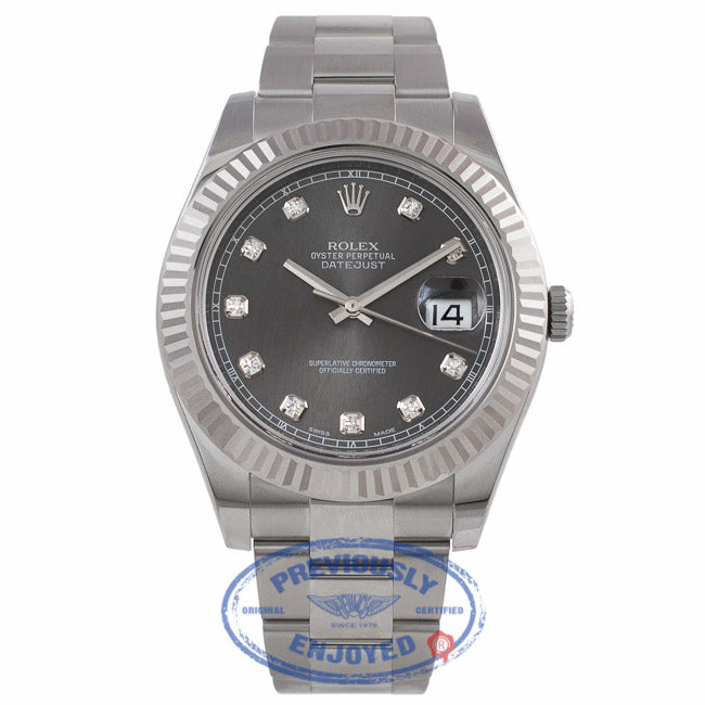 Rolex Datejust II 41MM 18k White Gold Fluted Bezel Slate Diamond Dial 116334 2DNYDK - Beverly Hills Watch Company Watch Store