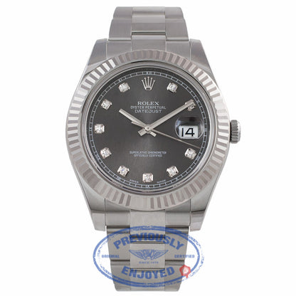 Rolex Datejust II 41MM 18k White Gold Fluted Bezel Slate Diamond Dial 116334 2DNYDK - Beverly Hills Watch Company Watch Store