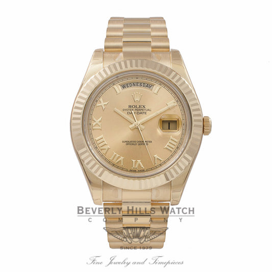 Rolex Day-Date II President 41MM 18K Yellow Gold Fluted Bezel Champagne Dial Roman Markings President Bracelet 218238 EUN30C - Beverly Hills Watch Store