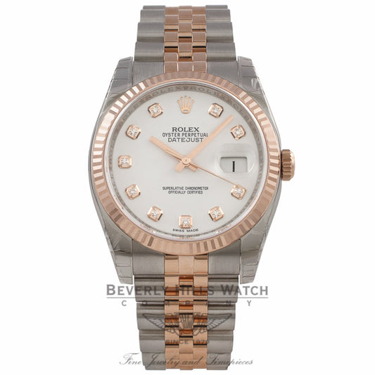 Rolex Datejust 36mm Rose Gold Stainless Steel Fluted Bezel White Dial 116231 X2BIXS - Beverly Hills Watch Company Watch Store
