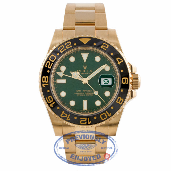 Rolex GMT Master II 18K Yellow Gold Green Dial Black Ceramic Bezel 116718 P9HQ58 - Beverly Hills Watch Company Watch Store