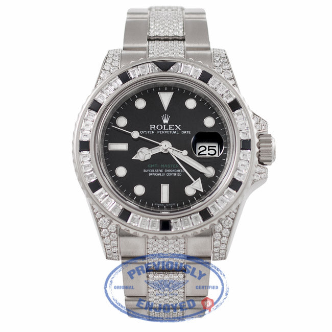 Rolex GMT MASTER II 40mm 18K White Gold Diamond Case Black Dial Diamond Sapphires Bezel Watch 116759SANR - Beverly Hills Watch Company Watch Store