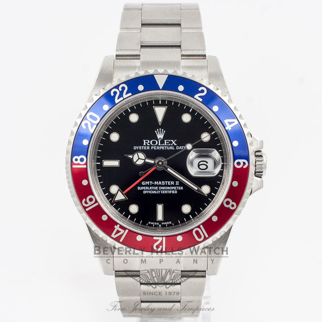 Rolex GMT MASTER II 16710 Stainless Steel Oyster Bracelet Black Dial Blue and Red Pepsi Bezel Automatic Watch Beverly Hills Watch Company Rolex Watch Store