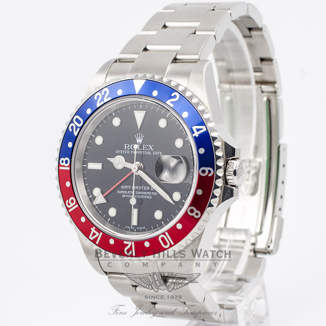 Rolex GMT MASTER II 16710 Stainless Steel Oyster Bracelet Black Dial Blue and Red Pepsi Bezel Automatic Watch Beverly Hills Watch Company Rolex Watch Store