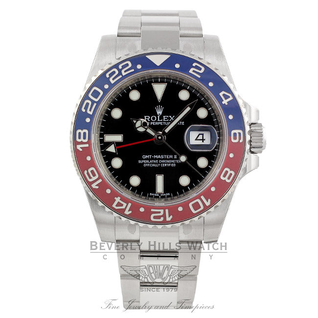 Rolex GMT Master II 18k White Gold Pepsi Red/ Blue Ceramic Bezel Black Dial 116719 UZMRC7 - Beverly Hills Watch Company Watch Store