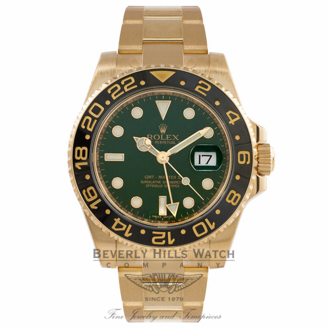 Rolex GMT Master II 18K Yellow Gold Green Dial Black Ceramic Bezel 116718 XMKR1N - Beverly Hills Watch Company Watch Store