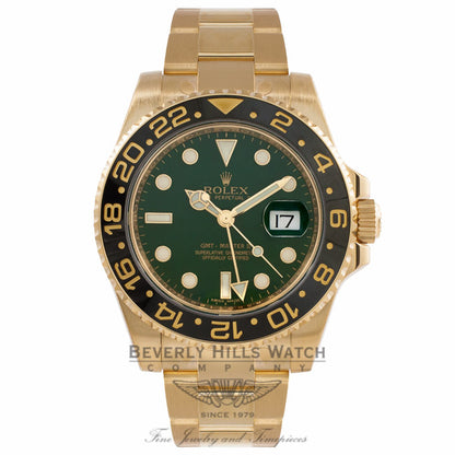 Rolex GMT Master II 18K Yellow Gold Green Dial Black Ceramic Bezel 116718 XMKR1N - Beverly Hills Watch Company Watch Store