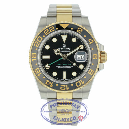 Rolex GMT MASTER II Stainless Steel and Yellow Gold Oyster Bracelet Black Dial Ceramic Bezel 116713LN 0XR75J - Beverly Hills Watch Company