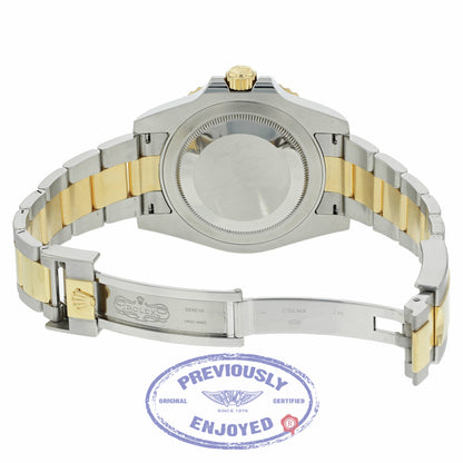 Rolex GMT MASTER II Stainless Steel and Yellow Gold Oyster Bracelet Black Dial Ceramic Bezel 116713LN 0XR75J - Beverly Hills Watch Company