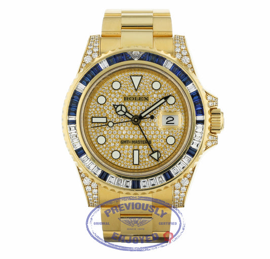 Rolex GMT Master II 18K Yellow Gold Black Dial Factory Baguette Diamond Bezel and Sapphire 116758SA PAVE VMAY1N - Beverly Hills Watch Company
