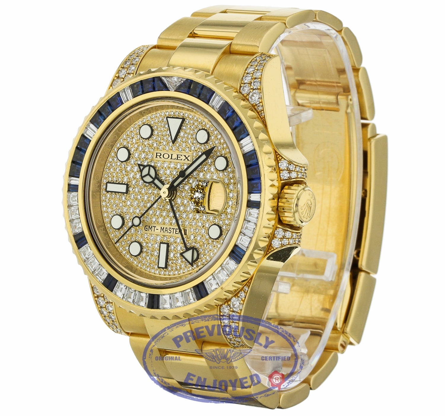 Rolex GMT Master II 18K Yellow Gold Black Dial Factory Baguette Diamond Bezel and Sapphire 116758SA PAVE VMAY1N - Beverly Hills Watch Company