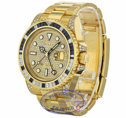 Rolex GMT Master II 18K Yellow Gold Black Dial Factory Baguette Diamond Bezel and Sapphire 116758SA PAVE VMAY1N - Beverly Hills Watch Company