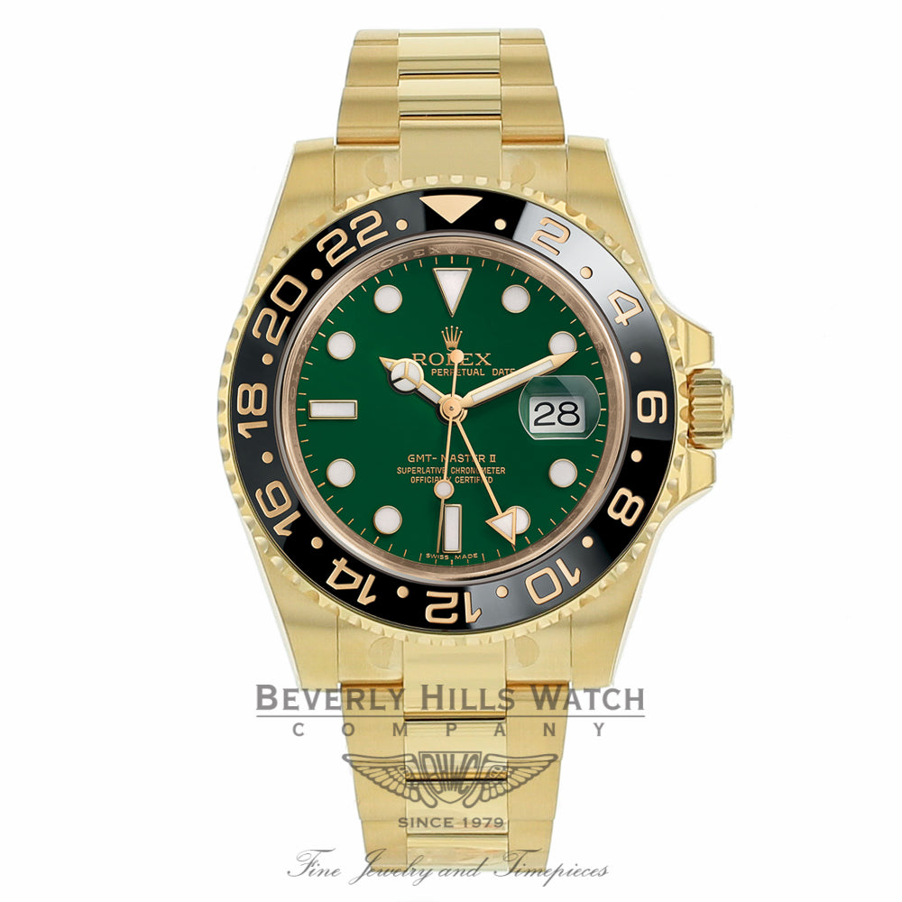 Rolex GMT Master II 18K Yellow Gold Green Dial Black Ceramic Bezel 116718LN XMKR1N - Beverly Hills Watch Company