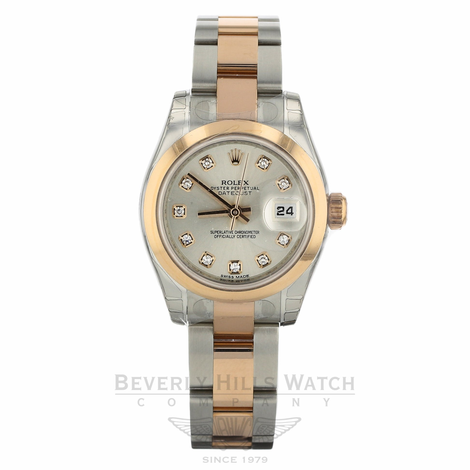 Rolex Lady Datejust 26mm Domed Bezel Everose Stainless Steel Silver Diamond Dial Oyster Bracelet 179161 Q1LL65 - Beverly Hills Watch