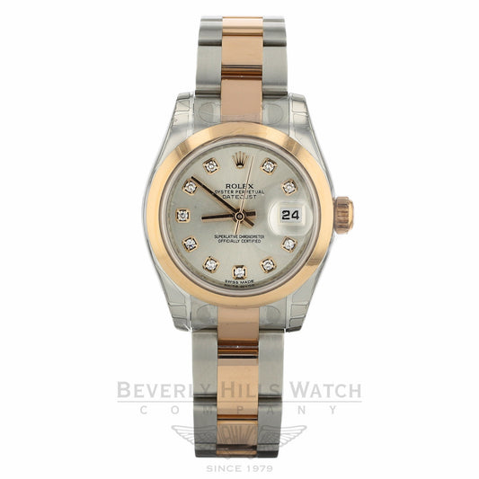 Rolex Lady Datejust 26mm Domed Bezel Everose Stainless Steel Silver Diamond Dial Oyster Bracelet 179161 Q1LL65 - Beverly Hills Watch