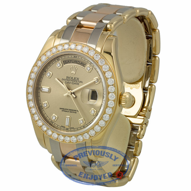Rolex Day-Date Masterpiece Tridor Bracelet Champagne Diamond Dial Full Diamond Bezel Watch 18948 DK9T49 - Beverly Hills Watch Company