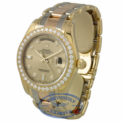 Rolex Day-Date Masterpiece Tridor Bracelet Champagne Diamond Dial Full Diamond Bezel Watch 18948 DK9T49 - Beverly Hills Watch Company