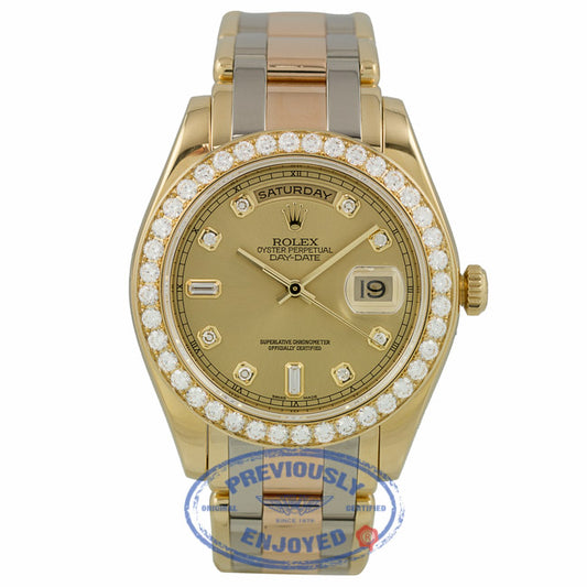 Rolex Day-Date Masterpiece Tridor Bracelet Champagne Diamond Dial Full Diamond Bezel Watch 18948 DK9T49 - Beverly Hills Watch Company