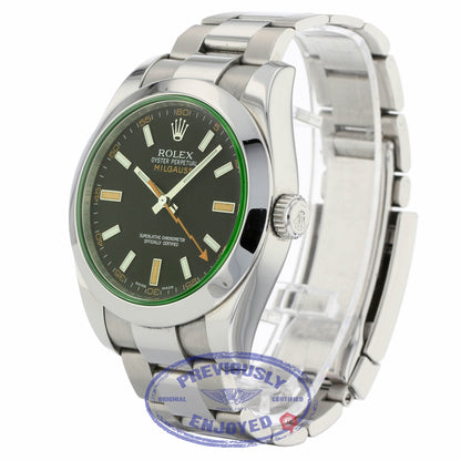 Rolex Milgauss 40mm Green Crystal Stainless Steel Black Dial 116400 7M0WVY - Beverly Hills Watch Company