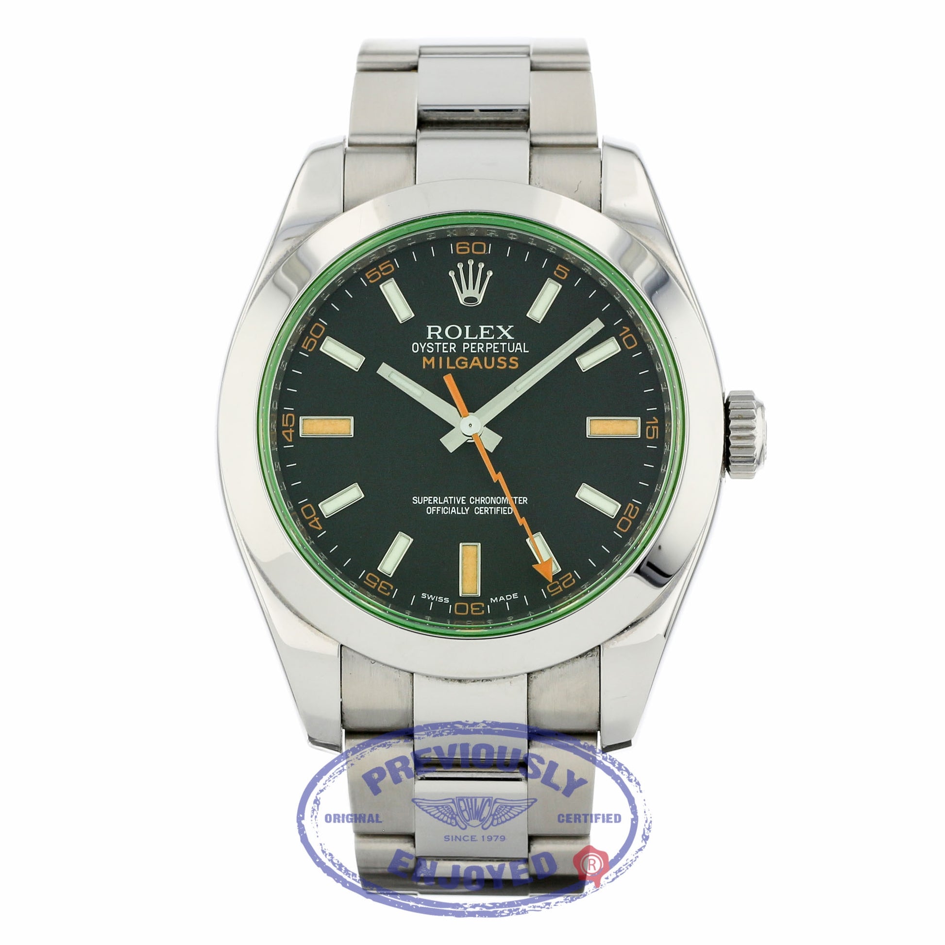 Rolex Milgauss 40mm Green Crystal Stainless Steel Black Dial 116400 7M0WVY - Beverly Hills Watch Company