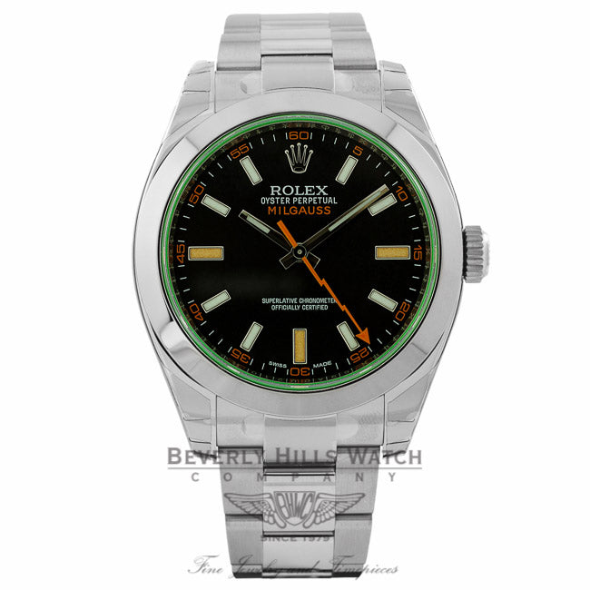 Rolex Milgauss 40mm Green Crystal Stainless Steel Black Dial Watch 116400 R5KCRK - Beverly Hills Watch Company
