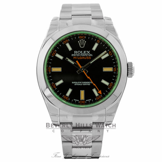 Rolex Milgauss 40mm Green Crystal Stainless Steel Black Dial Watch 116400 R5KCRK - Beverly Hills Watch Company