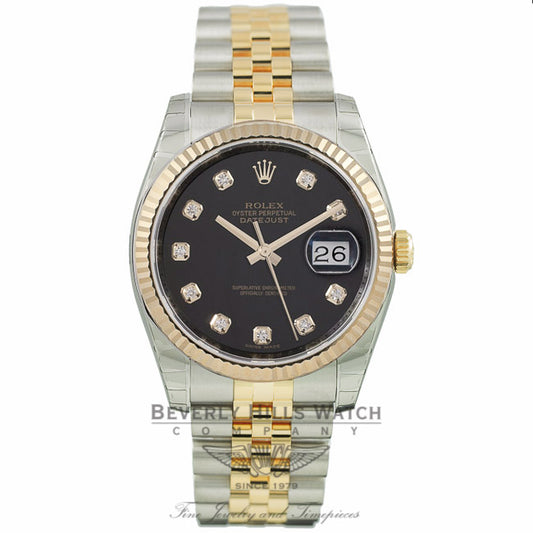 Rolex DateJust 36mm Black Diamond Dial Yellow Gold Stainless Steel Jubilee Bracelet 116233 6EX0R9 - Beverly Hills Watch Company